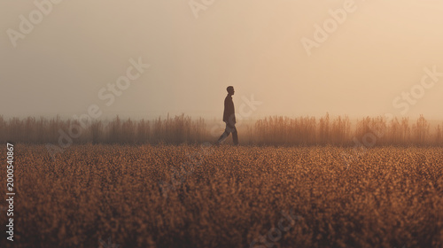 Farmer walking through fields at sunrise inspecting land ,work , growing crops, animal care, hard work, photo style