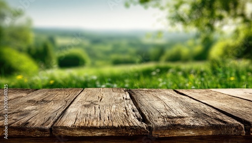 A rustic wooden table overlooks a blurred, lush green landscape under a bright sky.