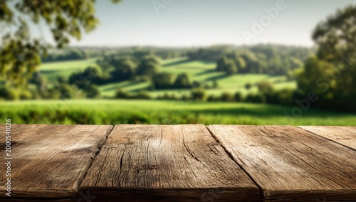 A rustic wooden table overlooks a blurred, idyllic green landscape.