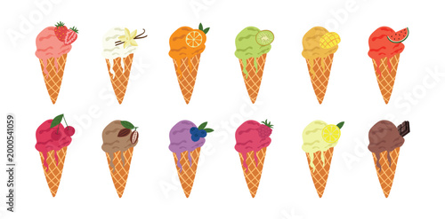 A collection of different types of ice cream in a waffle cone with different flavors