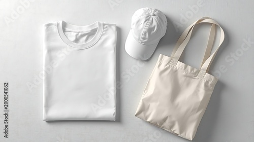 Top-down flat lay of unbranded white apparel set including a folded t-shirt, structured cap, and reusable tote bag on a textured light surface, styled for premium merchandise presentation