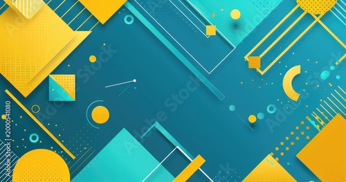 Abstract geometric design featuring vibrant blue and yellow shapes and lines.