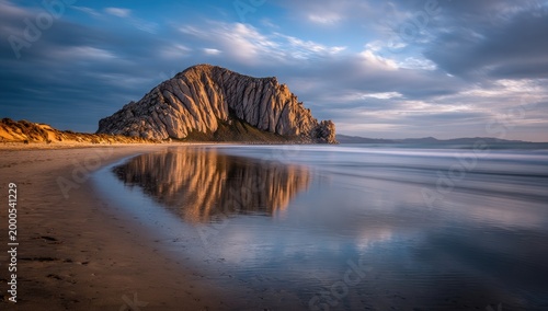 A stunning coastal landscape features Morro Rock reflected in the calm waters of the beach at sunrise.
