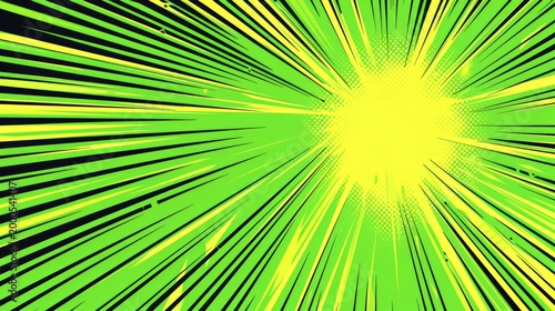 A vibrant explosion of green and yellow rays radiating from a central point, creating dynamic energy.