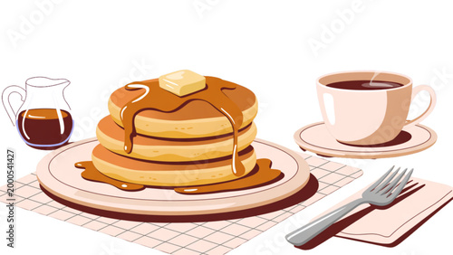 Stack of fluffy pancakes with honey and butter on a plate next to coffee cup Vector