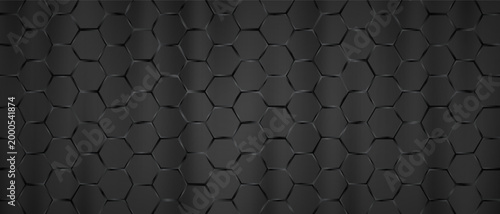 Dark three dimensional hexagonal tile pattern matte black surface.