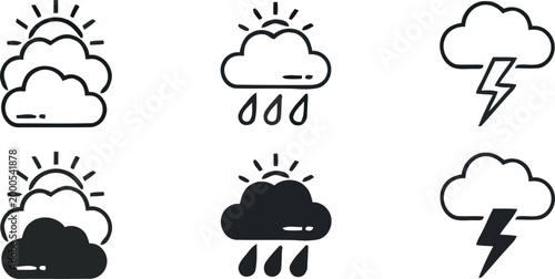Weather icons set sun clouds rain and lightning black and white graphics