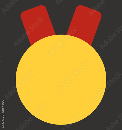 Bright gold medal with red ribbon on dark background.