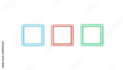 Three colorful square frames in blue red and green with glowing effect isolated on transparent background