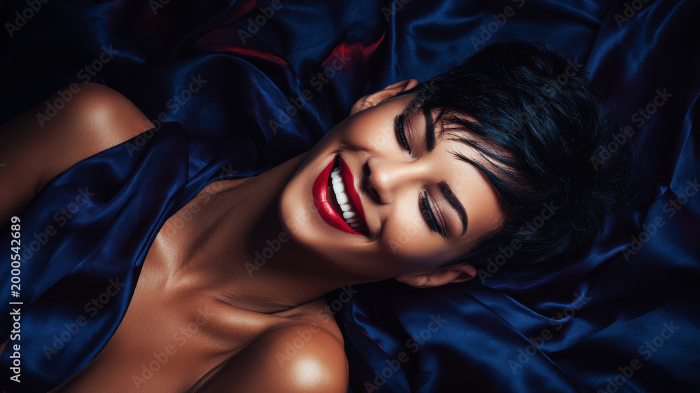 Naklejka premium Portrait of young Caucasian woman crying of pleasure on her deep blue silk bed