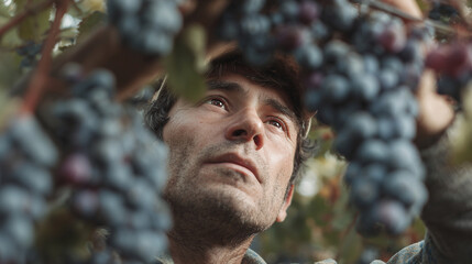 Vineyard worker harvesting grapes in southern Europe ,work , growing crops, animal care, hard work, photo style