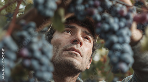 Vineyard worker harvesting grapes in southern Europe ,work , growing crops, animal care, hard work, photo style