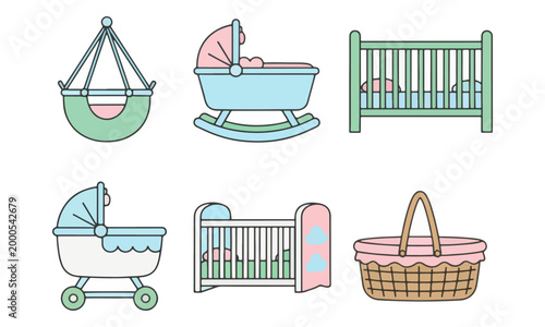 Baby nursery furniture icon set with crib cradle and stroller