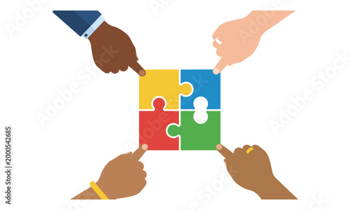 Diverse hands assembling colorful jigsaw puzzle vector illustration