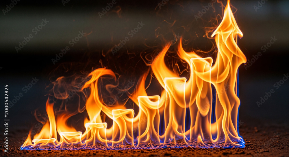 Fototapeta premium Vibrant orange and yellow flames forming an upward trending bar graph, symbolizing rising costs or increasing energy prices.