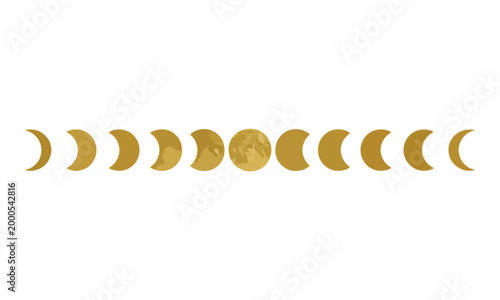 Gold Moon Phase Cycle Set Arranged on Plain White Background