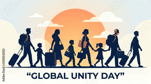 Global unity day concept with family silhouettes walking together at sunset carrying luggage symbolizing migration journey togetherness hope and community support banner