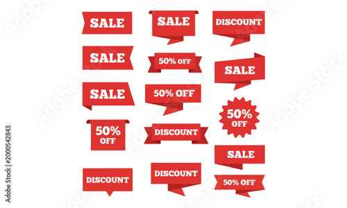 Red Sale Ribbon Banner Set for Discount Promotion on White
