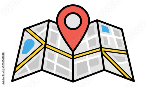 Folded Map with Red Location Pin Icon Isolated on White