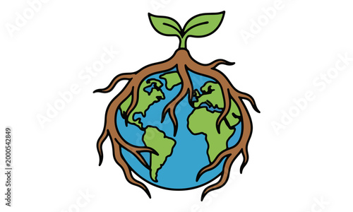 Plant sprout growing on earth globe with root illustration
