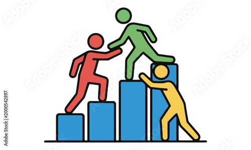 Teamwork Icon Helping Colleagues Climb Bar Graph Chart