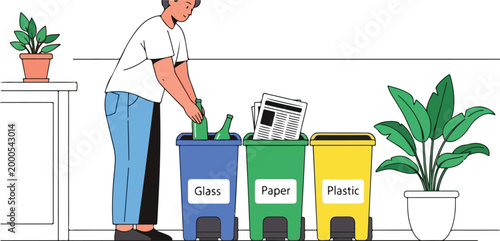 Man Sorting Recyclables Glass, Paper, and Plastic in Designated Bins for Environmental Protection