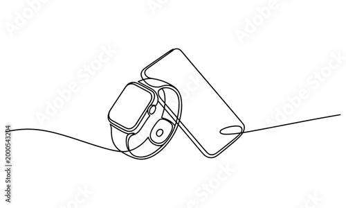 Modern smart watch and mobile phone minimalist single line drawing.