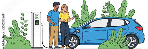 Couple charging an electric car at a charging station surrounded by lush green plants, highlighting sustainable transportation and eco-friendly lifestyle
