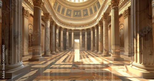 A grand architectural space with tall columns and intricate marble flooring, illuminated by light.