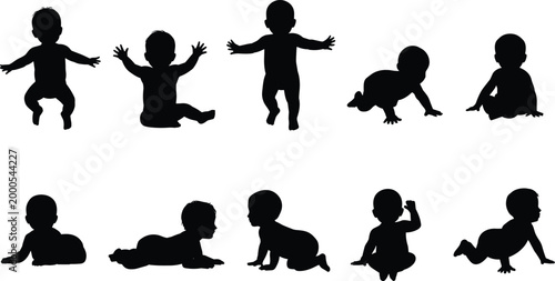 Collection of Black Silhouettes of Babies in Various Poses on White Background baby infant