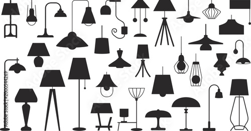 Assortment of Lamp Silhouettes Including Floor Table and Pendant Styles light lighting