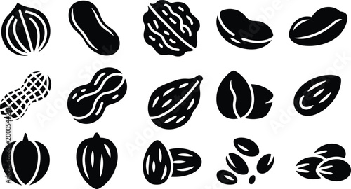 Assorted Nuts and Seeds Silhouettes Collection on White Background peanut walnut