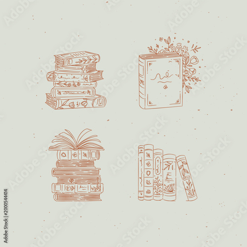 Book stack with flowers set drawing in graphic floral style with brown on light background