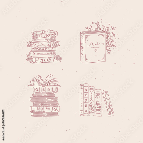 Book stack with flowers set drawing in graphic floral style with beige on light background