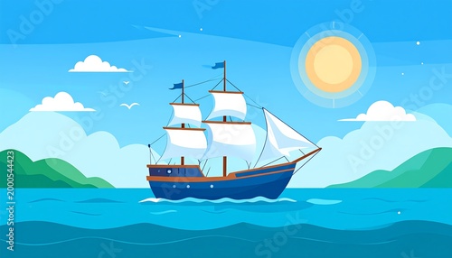 Vintage Sailboat on Calm Ocean Waters.