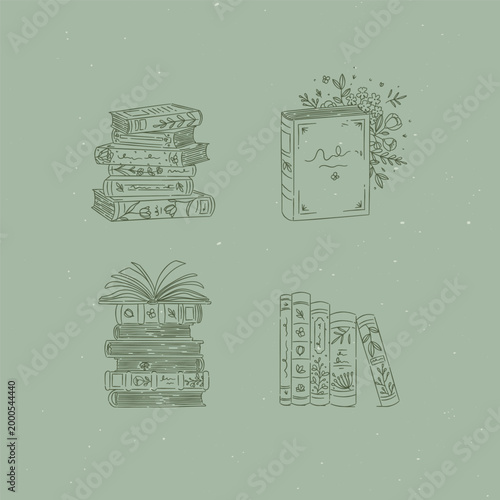 Book stack with flowers set drawing in graphic floral style on green background