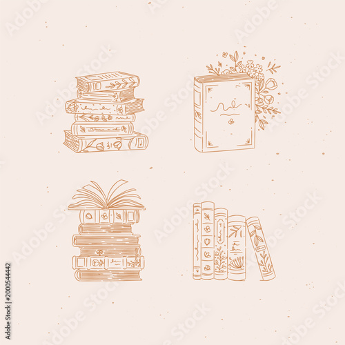 Book stack with flowers set drawing in graphic floral style with beige on light background