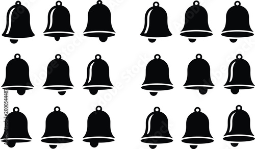 Grid of Black Bell Icons with Clappers on White Background symbol graphic