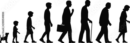 Human Life Cycle Silhouette Evolution from Puppy to Elderly Couple vector illustration