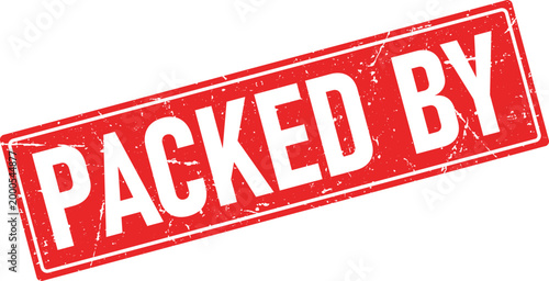 Red distressed rubber stamp impression for Packed By diagonally centered on a white surface