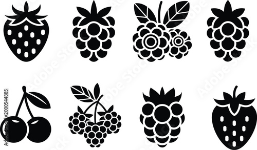Black Icons of Various Berries and Fruits on White Background berry strawberry