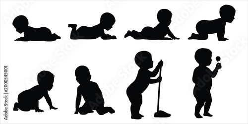 Baby Milestones Silhouette Set Crawling Standing Playing illustration vector