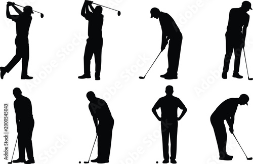 Black Silhouettes of Golfers in Different Poses During a Golf Game sport recreation