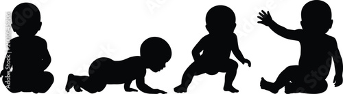 Baby Silhouettes in Different Poses Sitting Crawling and Reaching infant child