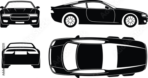 Black Silhouette Sports Car Multiple Views Front Side Top Rear automobile vehicle