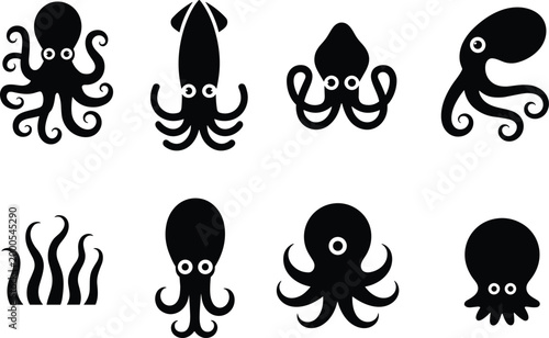 Black Silhouette Octopus Squid and Tentacle Icons with Cute Cartoon Eyes sea creature marine life