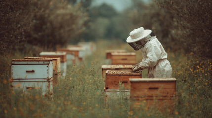 Beekeeper maintaining hives in rural European farm ,work , growing crops, animal care, hard work, photo style
