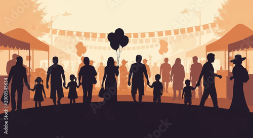 Silhouette of families and people at a festive outdoor street market