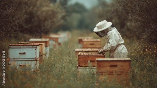 Beekeeper maintaining hives in rural European farm ,work , growing crops, animal care, hard work, photo style