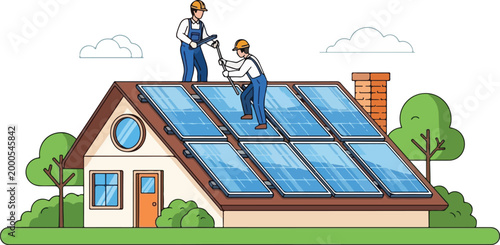 Workers installing solar panels on a house roof outdoors